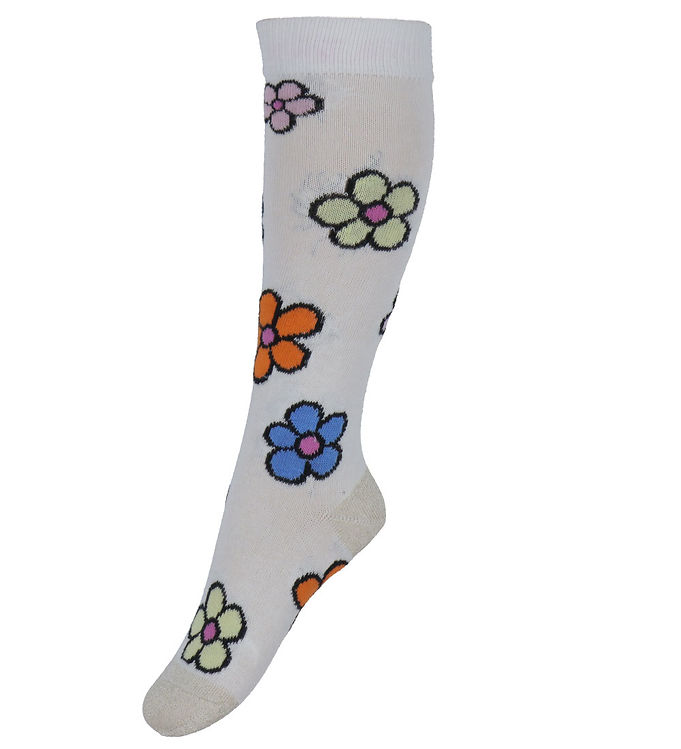 Knæstrømper med blomstermotiv i snehvid fra Melton