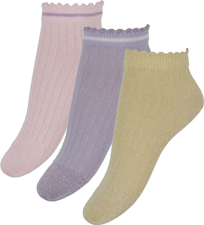 Ankelstrømper 3 Pak - Petra Guld, Lilla & Rosa med Glimmer