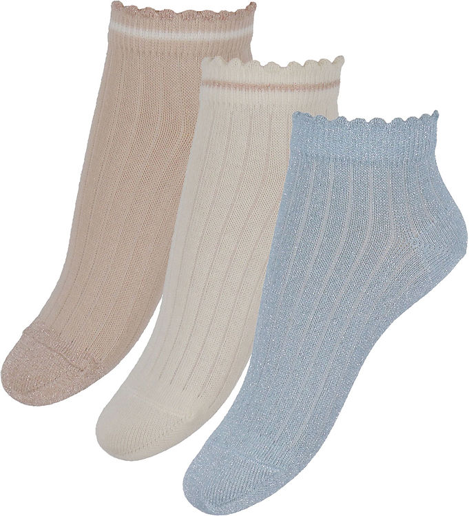 Ankelstrømper 3 Pak - Petra i Lyseblå, Rosa & Hvid med Glimmer